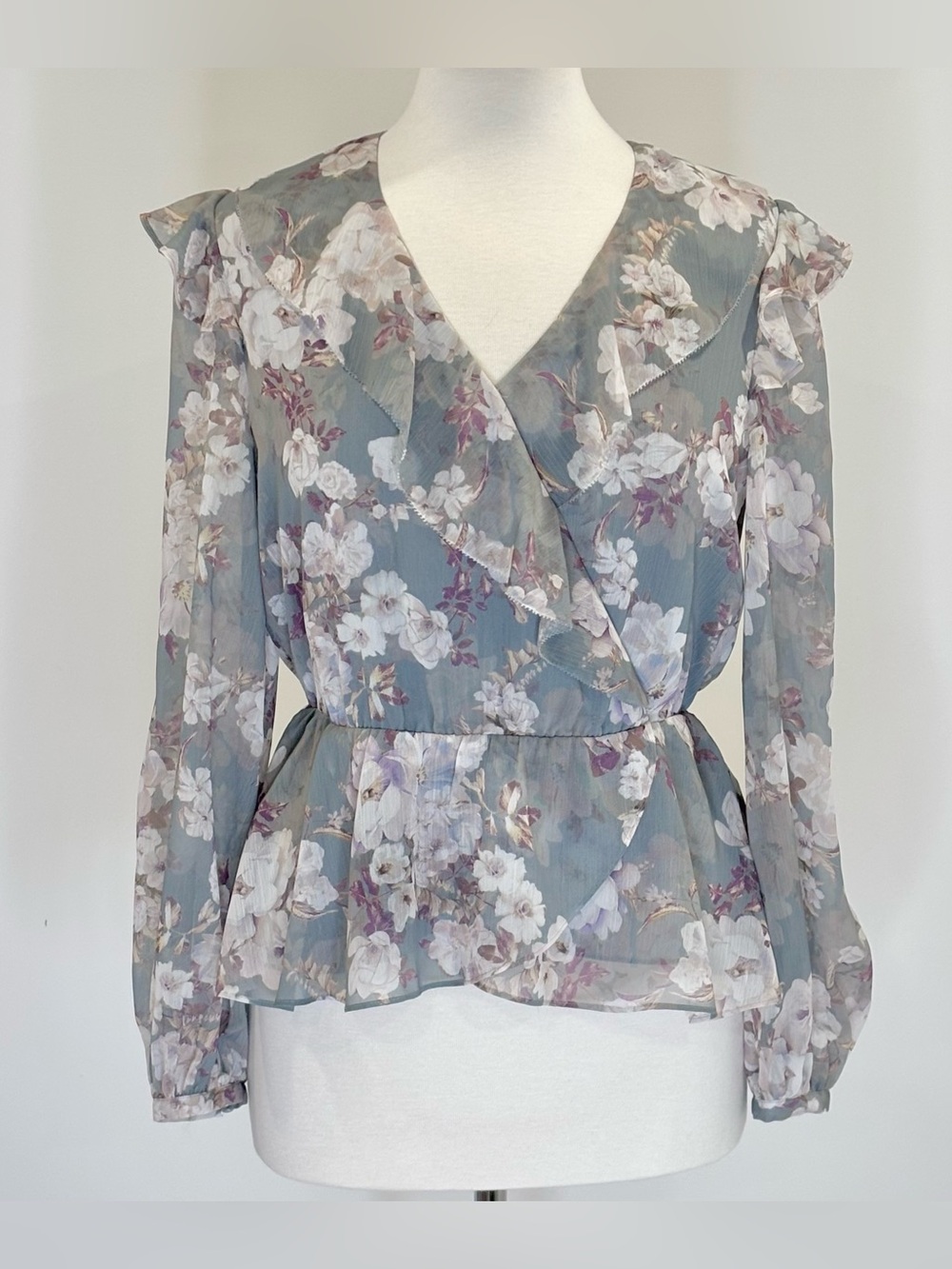 Ever New grey floral flounce blouse